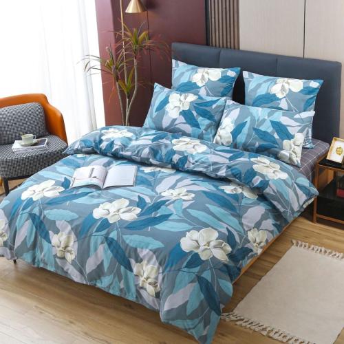 Комплект постельного белья двуспальный Koloco фланель (37431) Сине-голубые листья+цветы на сером